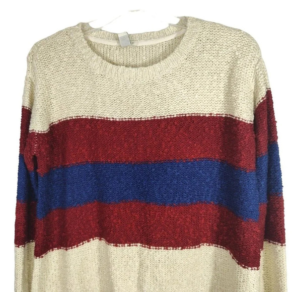 Forever 21 Tan Red Blue Striped Boxy Knit Sweater Women Size L Long Sleeve - Picture 1 of 6